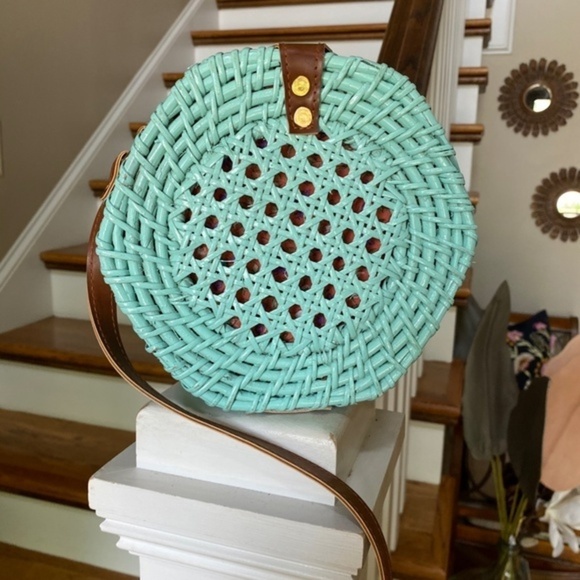 Anthropologie Rattan Blue Green Crossbody Bag - Picture 2 of 8